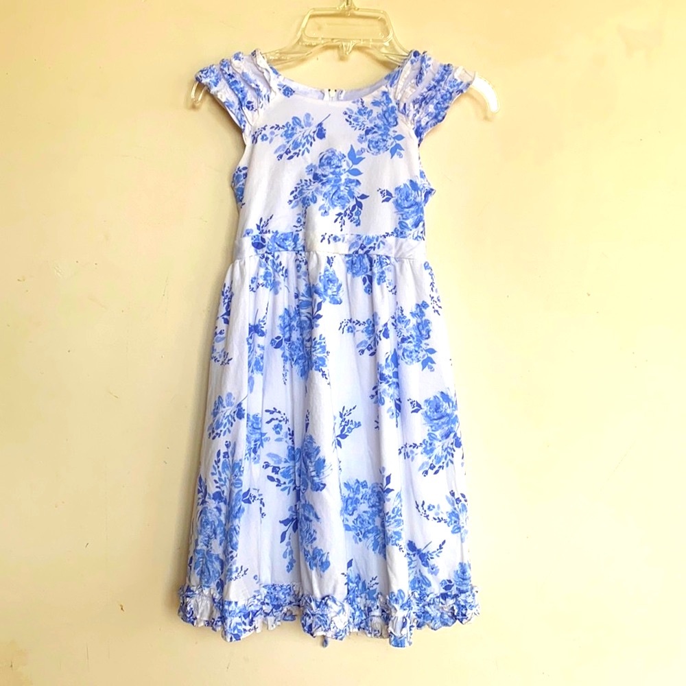 Rare Editions Girl 6/7 White/Blue Floral Lined Zipped  Dress w/Sweater (Extra)
